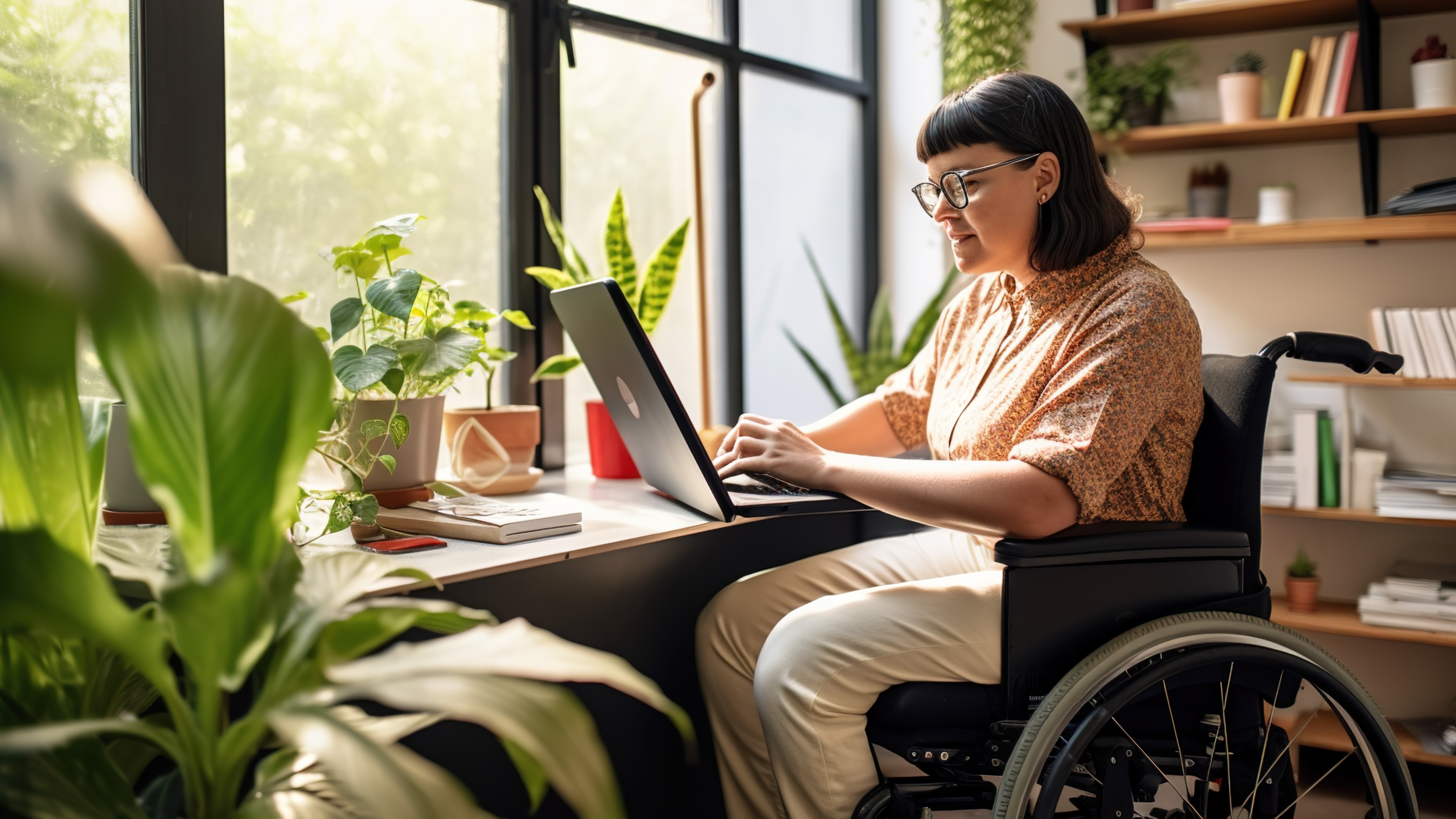 Student using a wheelchair, studying on a laptop with books and plants around them.